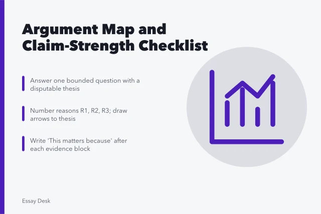 Checklist mapping thesis, reasons, evidence, warrants, and objections. Argument map and claim-strength checklist