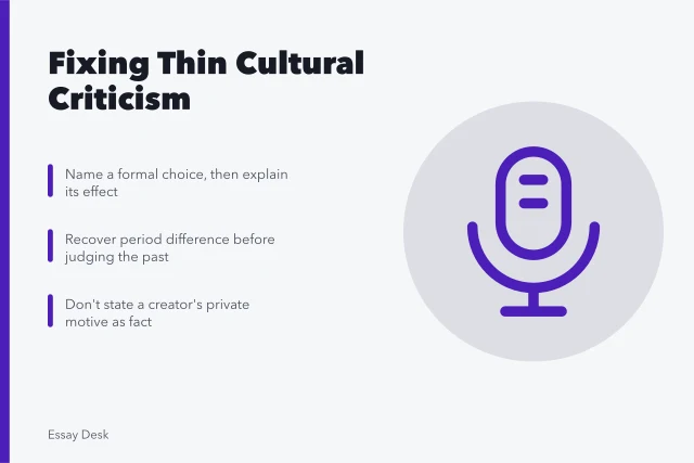 Card listing cultural criticism problems: plot summary, presentism, context collapse. Cultural criticism problems: plot summary, presentism and context collapse