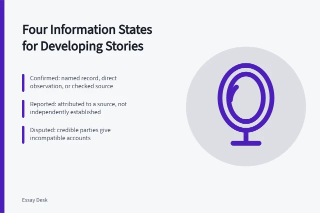 Card listing four information states for developing news coverage. A developing story needs four separate information states, not one
