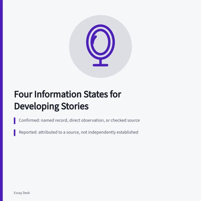 Card listing four information states for developing news coverage. A developing story needs four separate information states, not one