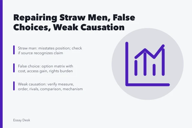Card explaining straw man, false choice, and weak causation fallacies. Logical fallacy problems: straw men, false choices and weak causation