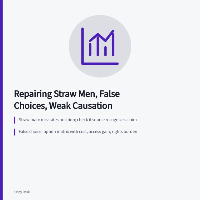Card explaining straw man, false choice, and weak causation fallacies. Logical fallacy problems: straw men, false choices and weak causation