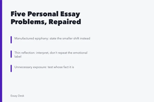 Card listing five personal essay problems and their repairs. Personal essay problems: manufactured epiphany, thin reflection and exposure