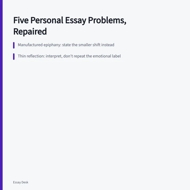 Card listing five personal essay problems and their repairs. Personal essay problems: manufactured epiphany, thin reflection and exposure
