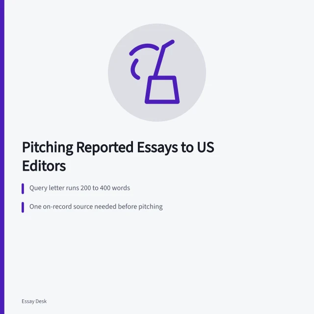 Card outlining steps to pitch a reported essay to US editors. How to pitch a reported essay to US editors
