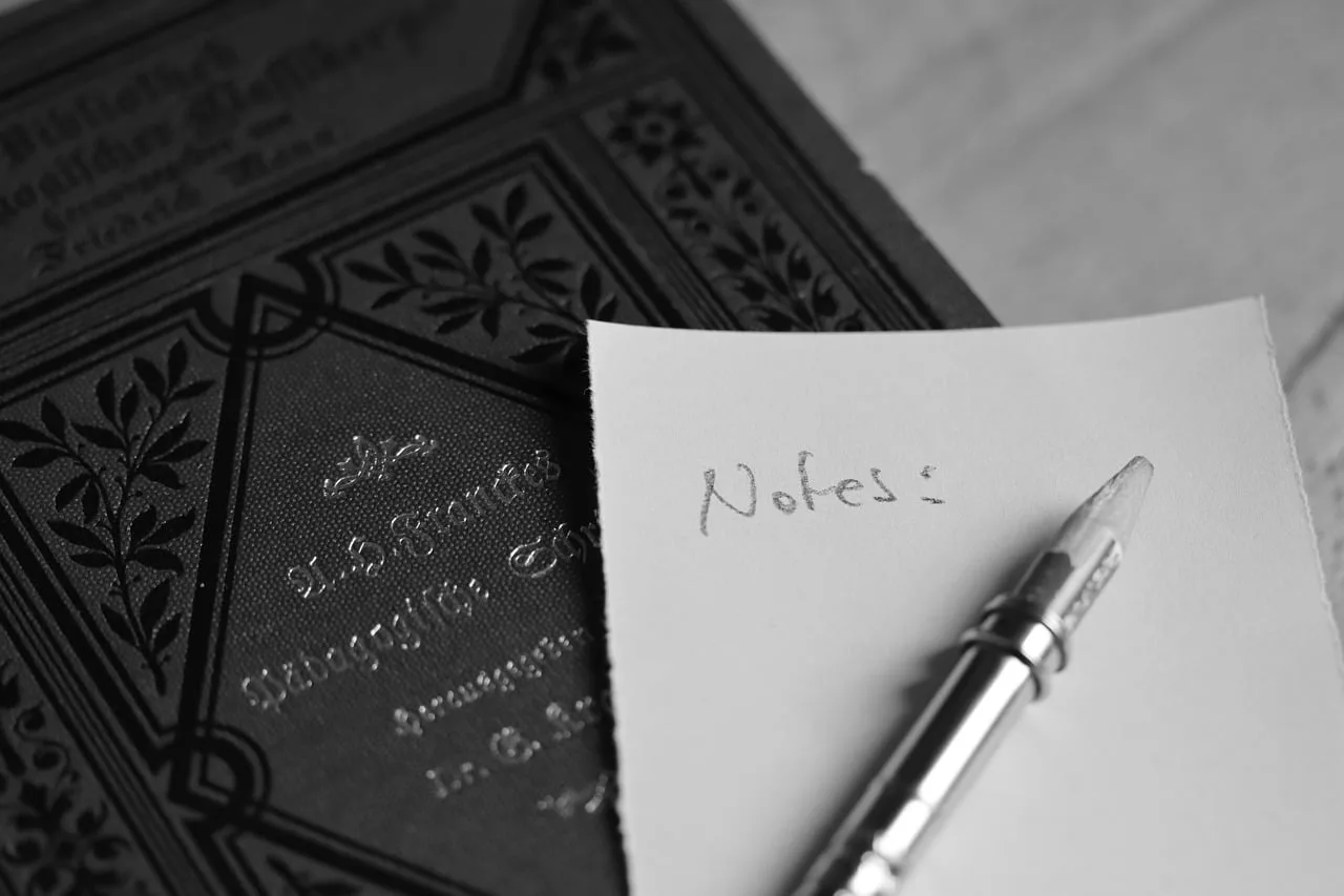 notes, paper, pen, writing, black and white, learning, slips of paper, notation, study, education, memory, calligraphy, notepad, book, handwritten, organize, english, project, school, reading. Source use checklist: research trail, quotation, paraphrase and citation