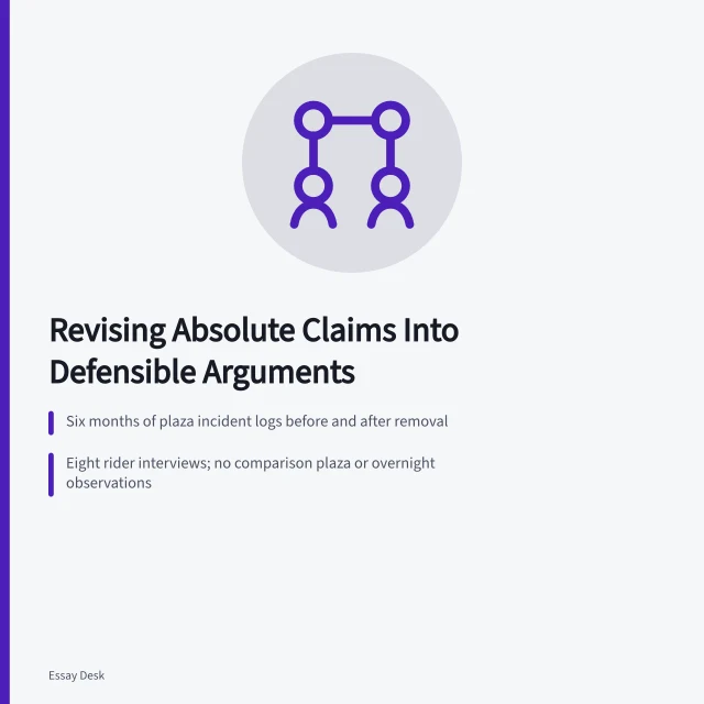 Card summarizing bench removal evidence, limits, and competing explanation. Revising an absolute claim into a defensible argument: a case