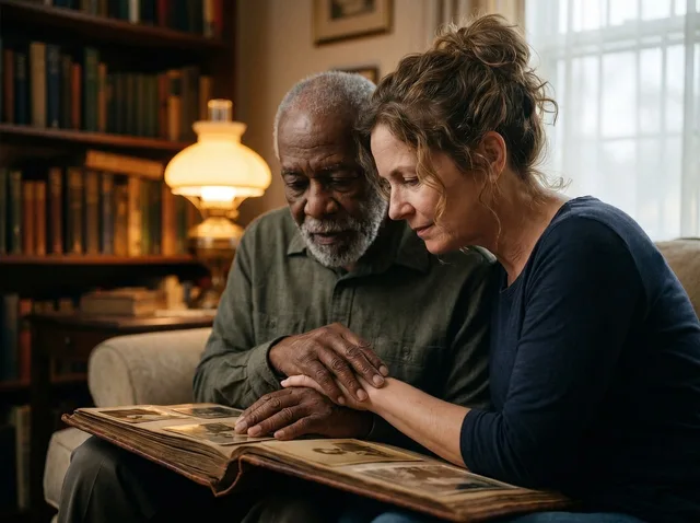older man, woman, photo album, memories, intergenerational, comfort, support, connection, home, family, couple, hands, authentic, mutual support, empathy, domestic setting, bookshelf, lamp light, nostalgic, sense of unity. Revising a family story while protecting a private person: a case