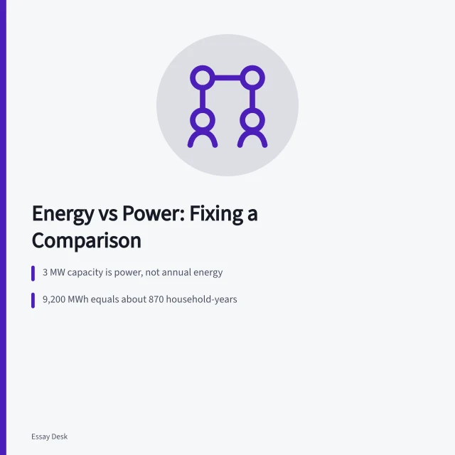 Card comparing turbine power rating with annual energy and household use. Rewriting a misleading energy comparison as a clear explainer: a case