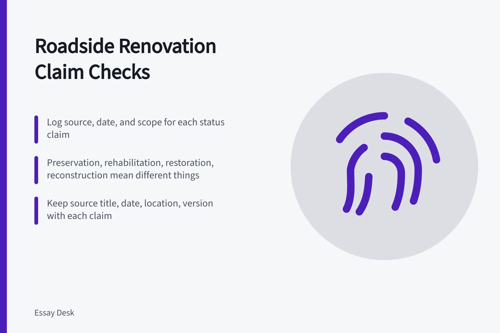Checklist card for verifying roadside renovation claims and records. Roadside renovation mistake prevention checklist for newsrooms