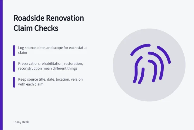Checklist card for verifying roadside renovation claims and records. Roadside renovation mistake prevention checklist for newsrooms