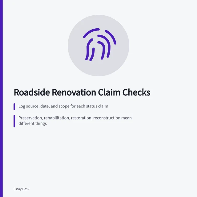 Checklist card for verifying roadside renovation claims and records. Roadside renovation mistake prevention checklist for newsrooms