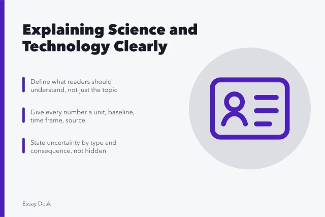 Guide card outlining explanation targets, evidence, numbers, and uncertainty. Explanatory essay guide for science and technology topics