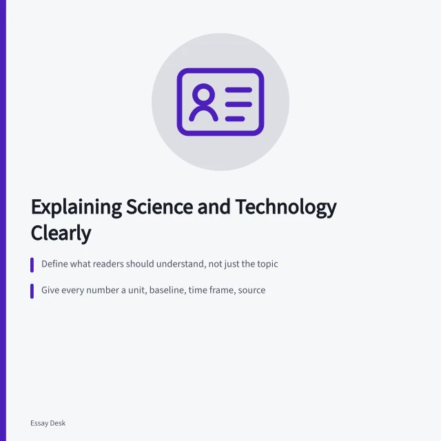 Guide card outlining explanation targets, evidence, numbers, and uncertainty. Explanatory essay guide for science and technology topics
