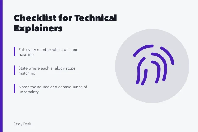 Checklist card for technical explainers covering analogy limits, uncertainty, and sources. Technical analogy, uncertainty, number, and source checklist