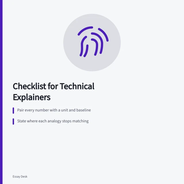 Checklist card for technical explainers covering analogy limits, uncertainty, and sources. Technical analogy, uncertainty, number, and source checklist
