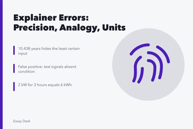 Card listing false precision, broken analogy, and power-energy unit errors. Technical explainer problems: false precision, broken analogies and scale errors