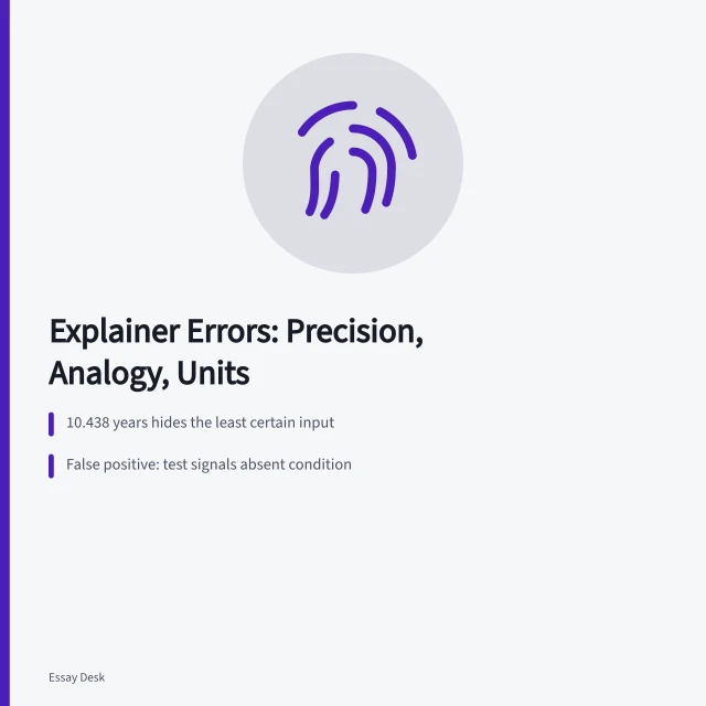 Card listing false precision, broken analogy, and power-energy unit errors. Technical explainer problems: false precision, broken analogies and scale errors