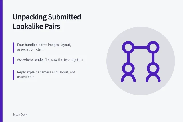 Illustration of two portrait photos being taken apart into separate questions. Every user submissions pair hides four answerable questions inside
