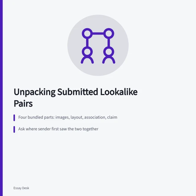Illustration of two portrait photos being taken apart into separate questions. Every user submissions pair hides four answerable questions inside