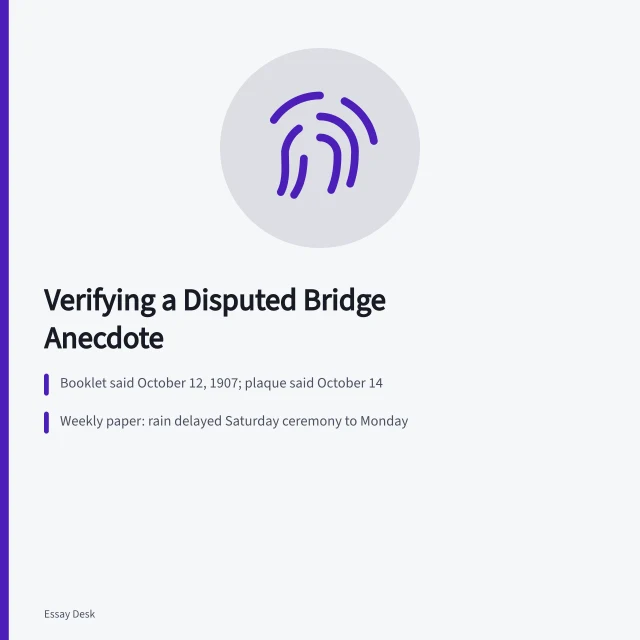 Card summarizing a historical verification case about a 1907 bridge opening. Verifying a disputed historical anecdote for an essay: a worked case